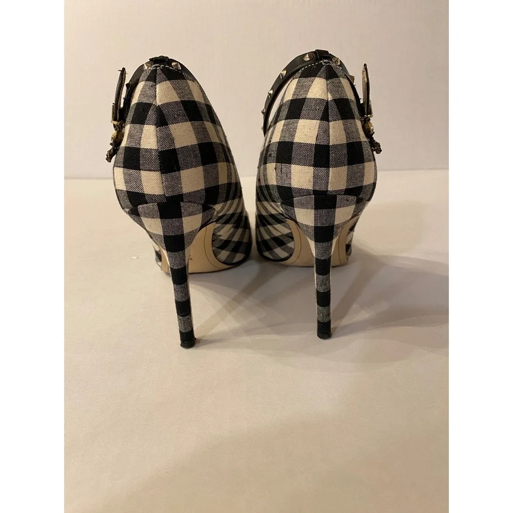 Sam Edelman Hazel Gingham Beaded Floral Ankle Strap Pumps Black White 7.5
